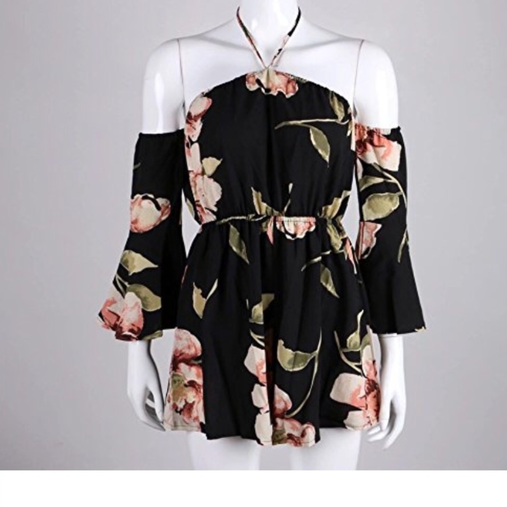 Floral Off Shoulder Trumpet Sleeves  Romper - Picture 6 of 8